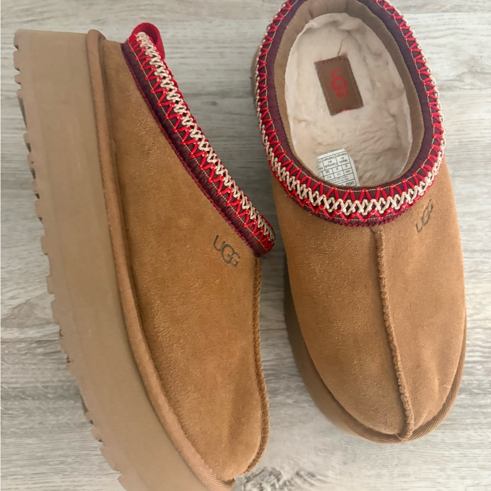 UGG Chestnut Suede Slipper Clogs with Red Trim